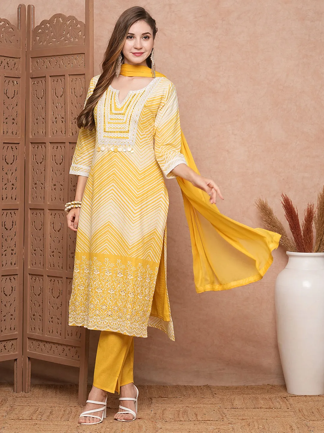 Chevron Printed Mother-of-Pearl Embellished Schiffili Kurta with Pants & Dupatta - Yellow