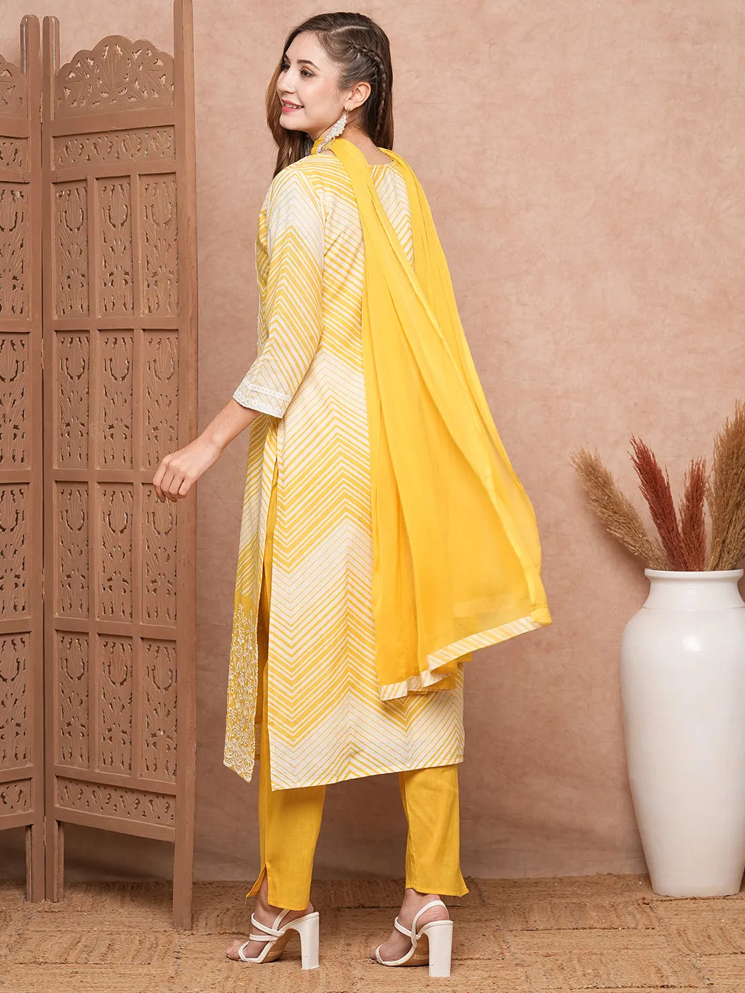 Chevron Printed Mother-of-Pearl Embellished Schiffili Kurta with Pants & Dupatta - Yellow