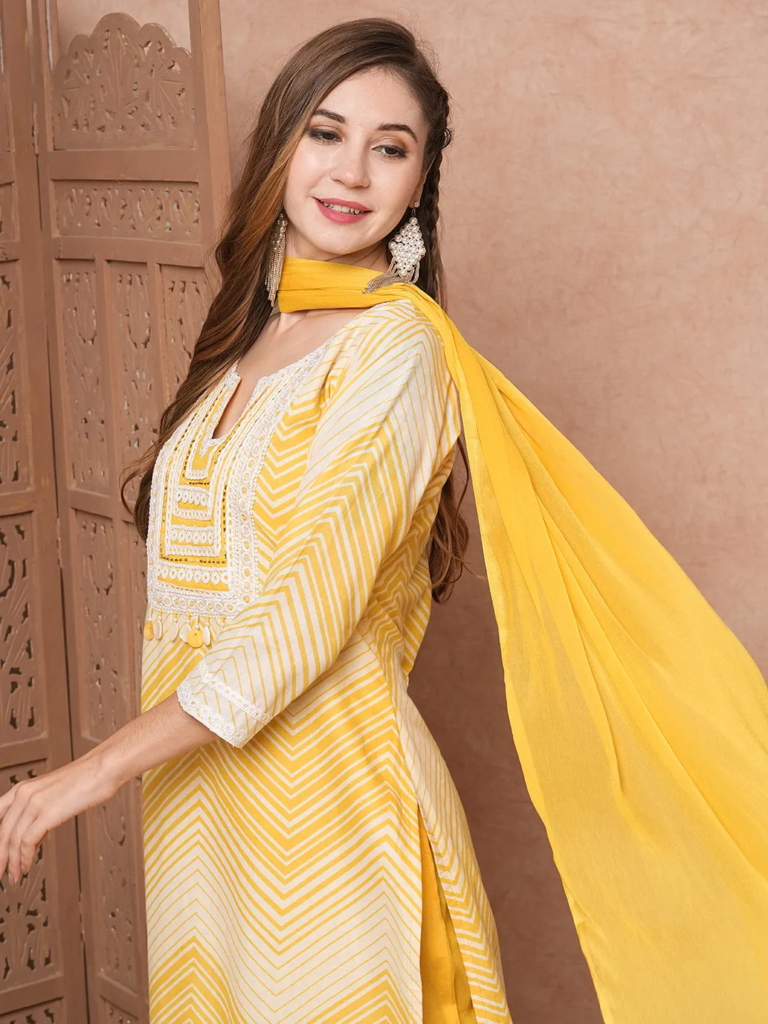 Chevron Printed Mother-of-Pearl Embellished Schiffili Kurta with Pants & Dupatta - Yellow