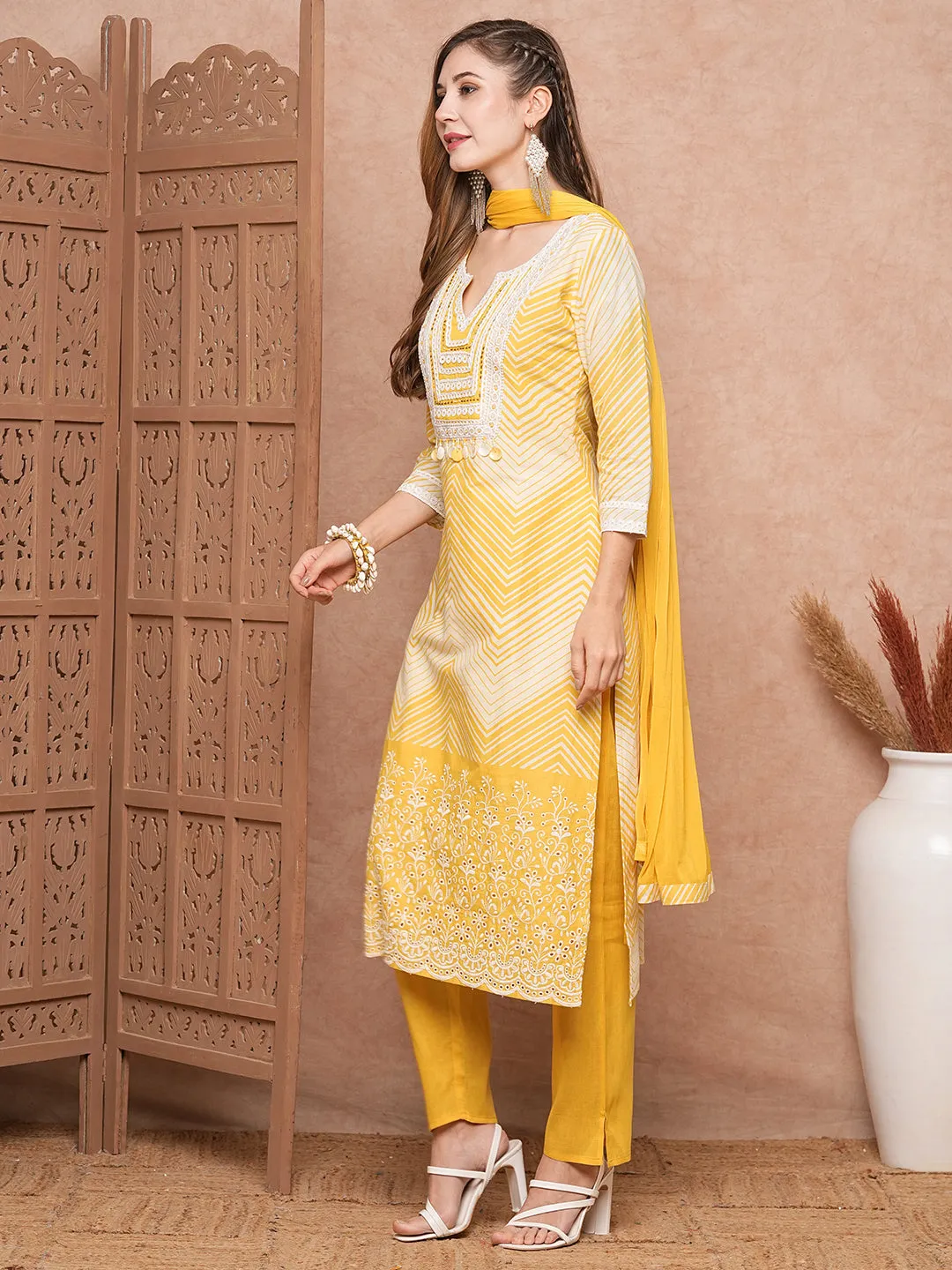 Chevron Printed Mother-of-Pearl Embellished Schiffili Kurta with Pants & Dupatta - Yellow