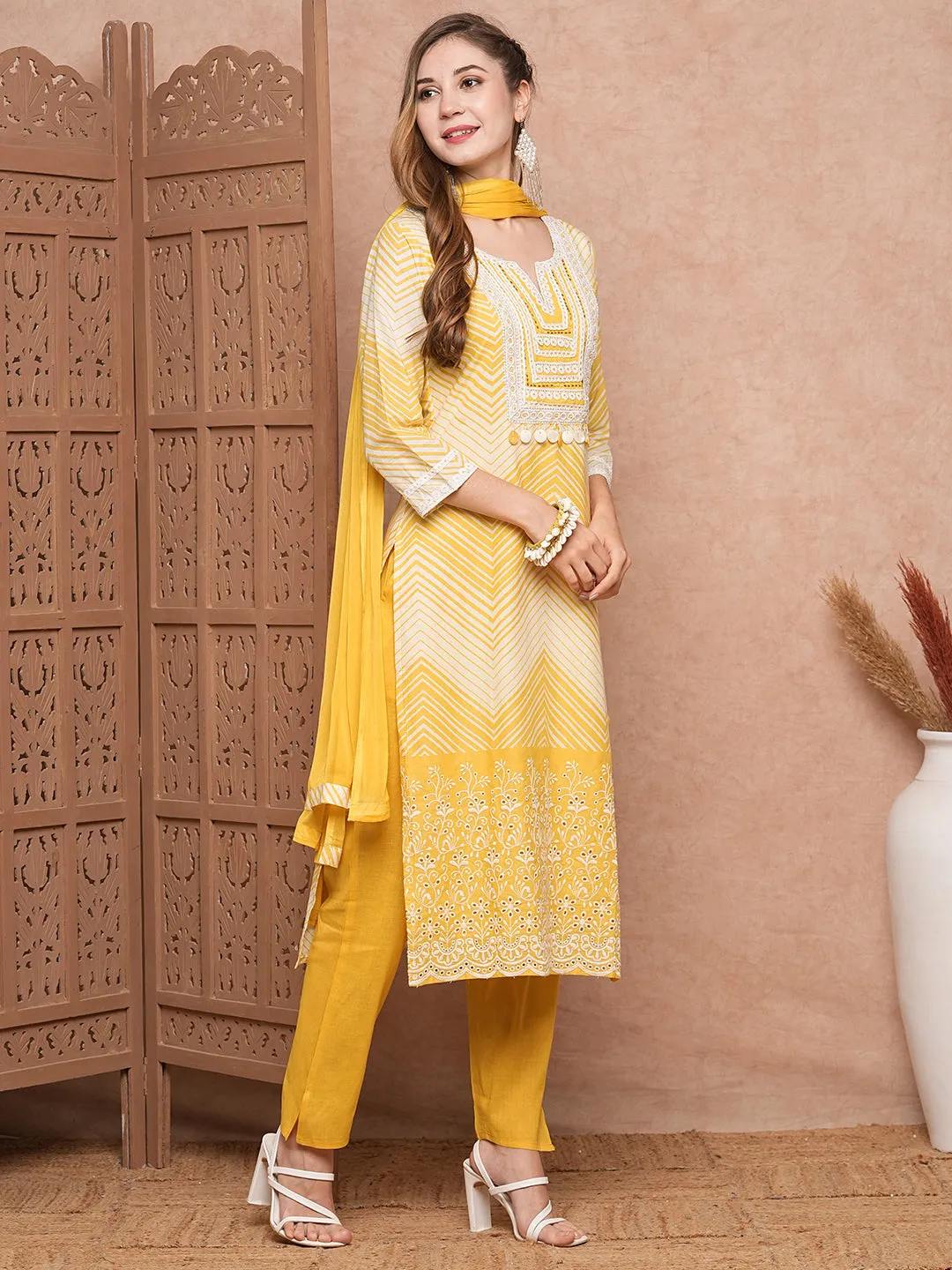 Chevron Printed Mother-of-Pearl Embellished Schiffili Kurta with Pants & Dupatta - Yellow