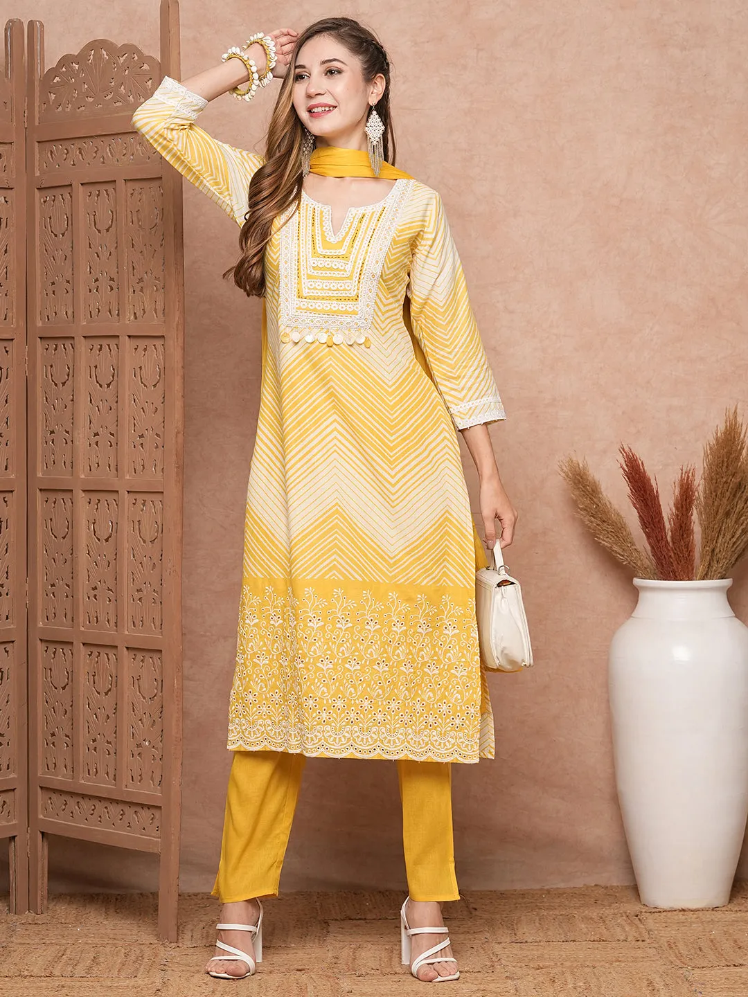 Chevron Printed Mother-of-Pearl Embellished Schiffili Kurta with Pants & Dupatta - Yellow