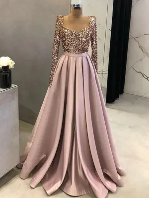 Chic A-line Shiny Long Prom Dresses Elegant Pink Sequins Evening Formal Gowns SEW0182