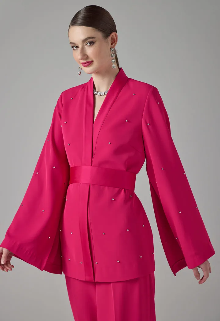 Choice Solid Crystal Embellished Belted Jacket Fuchsia