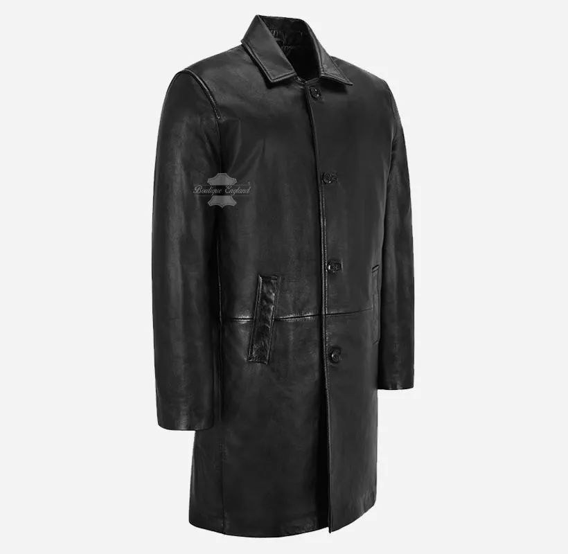 CITY Knee Length Leather Coat Black Leather Coat For Men's