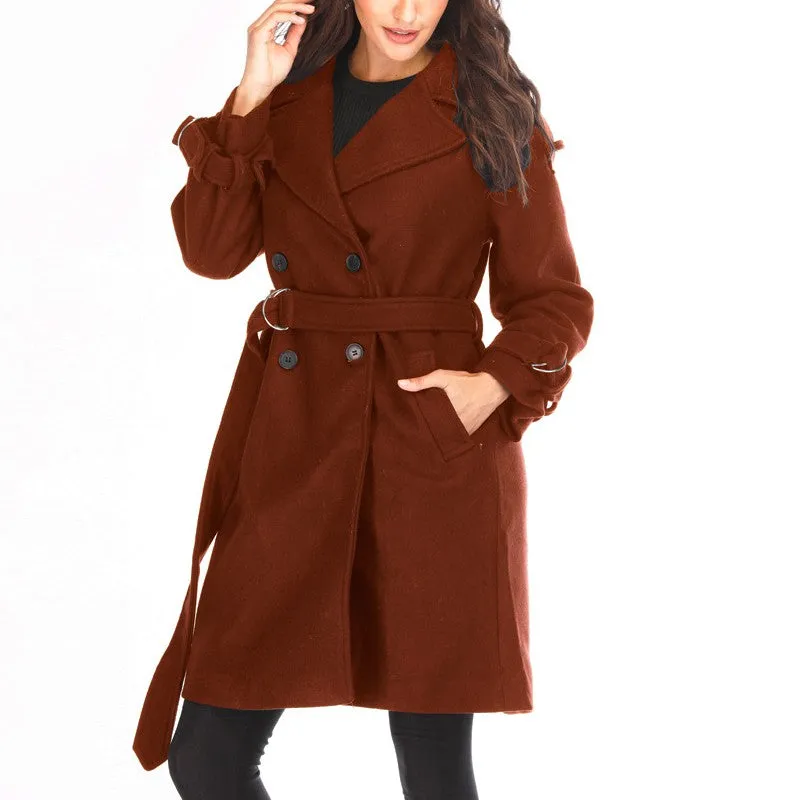 Classic Slim Long Sleeve Double-breasted Lapel Woolen Coat