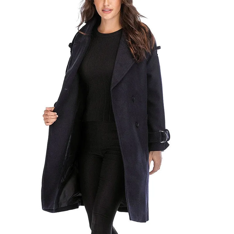 Classic Slim Long Sleeve Double-breasted Lapel Woolen Coat