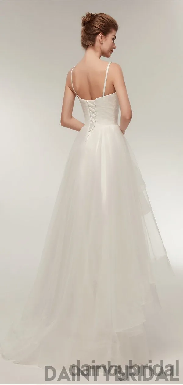 Copy of Copy of Popular white v-neck spaghetti strap lace up back tulle pretty wedding dress .DB0097