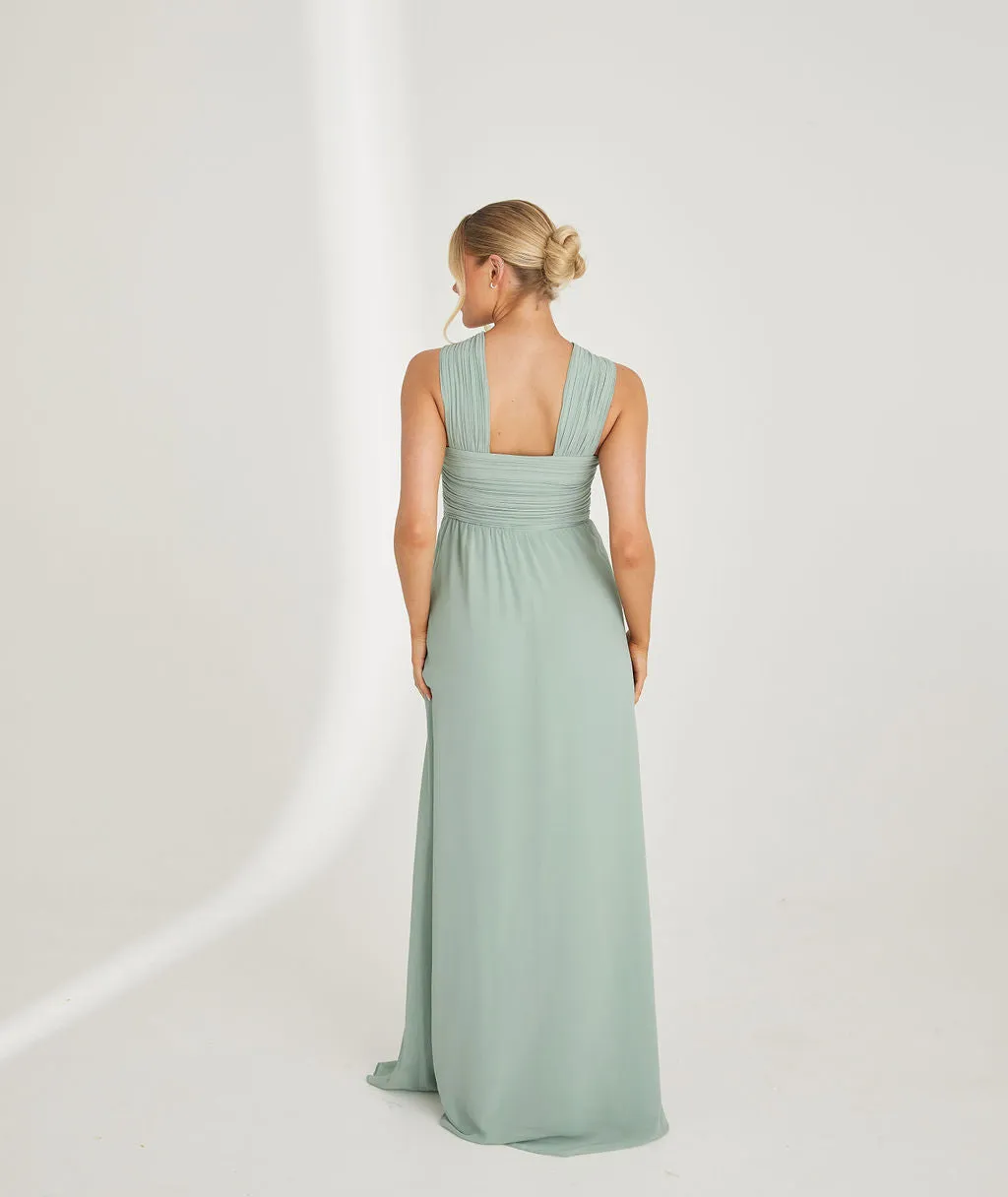 Cross Neck Pleated Waist Chiffon Bridesmaid Dress - Sage