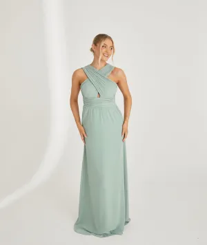 Cross Neck Pleated Waist Chiffon Bridesmaid Dress - Sage