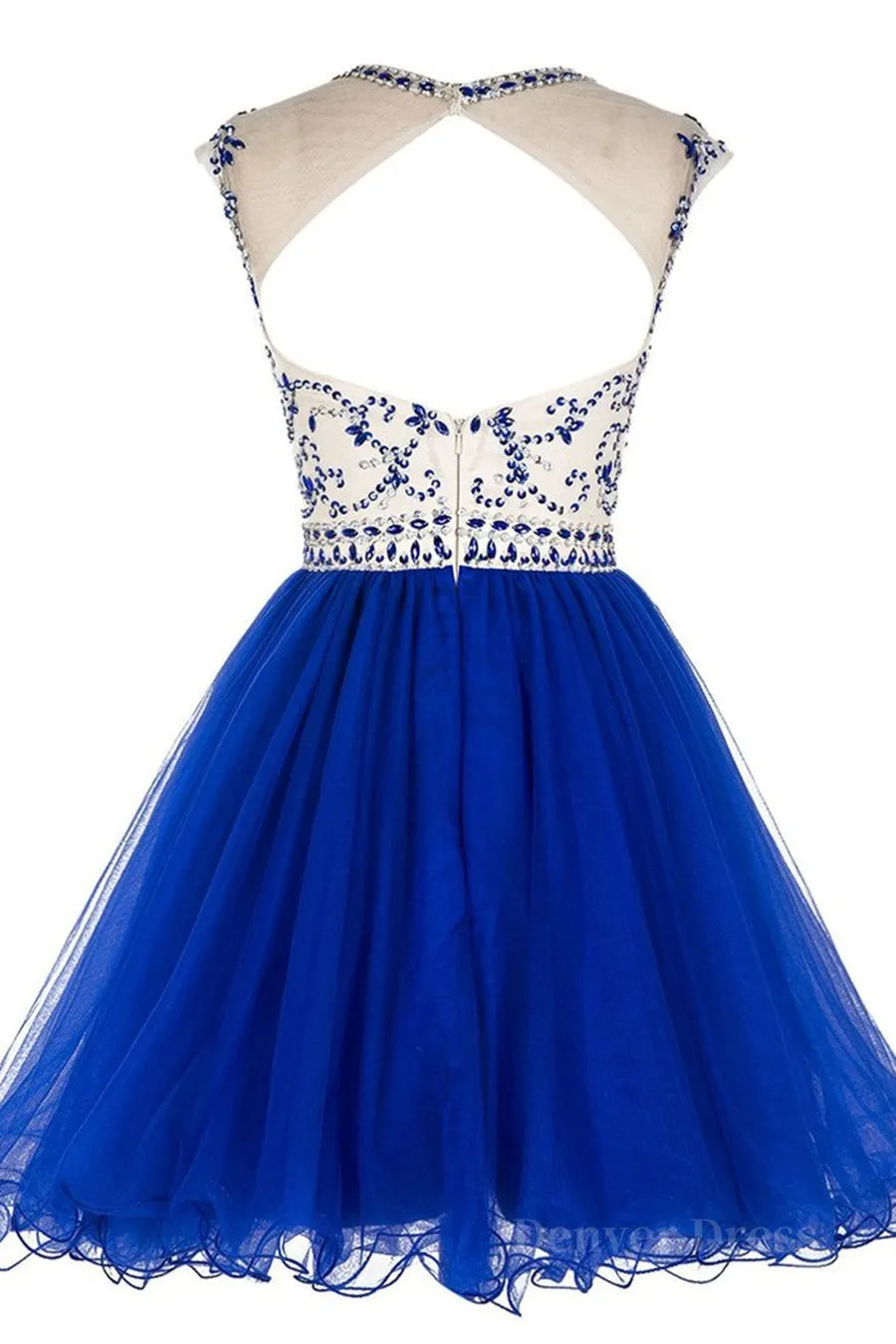 Custom Made Round Neck Cap Sleeves Beading Black Short Prom Dresses Royal Blue Homecoming Dresses Evening Dresses 2019