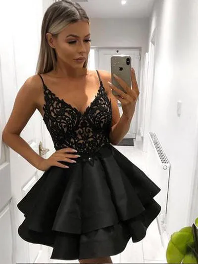 Cute Black A-line V-neck Top Lace Short Homecoming Dresses | Graduation Dress, SH466