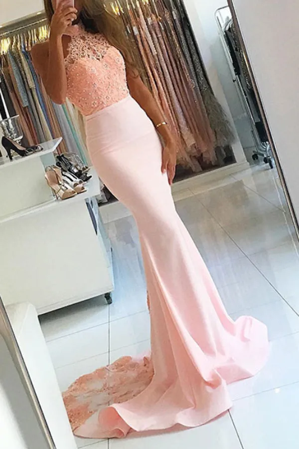 Cute Pink Halter Lace Backless Mermaid Beaded Evening Dresses, M104