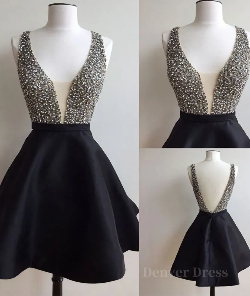 Cute V Neck And V Back Sequin Short Black Prom Dresses Cute Short Black Homecoming Dresses