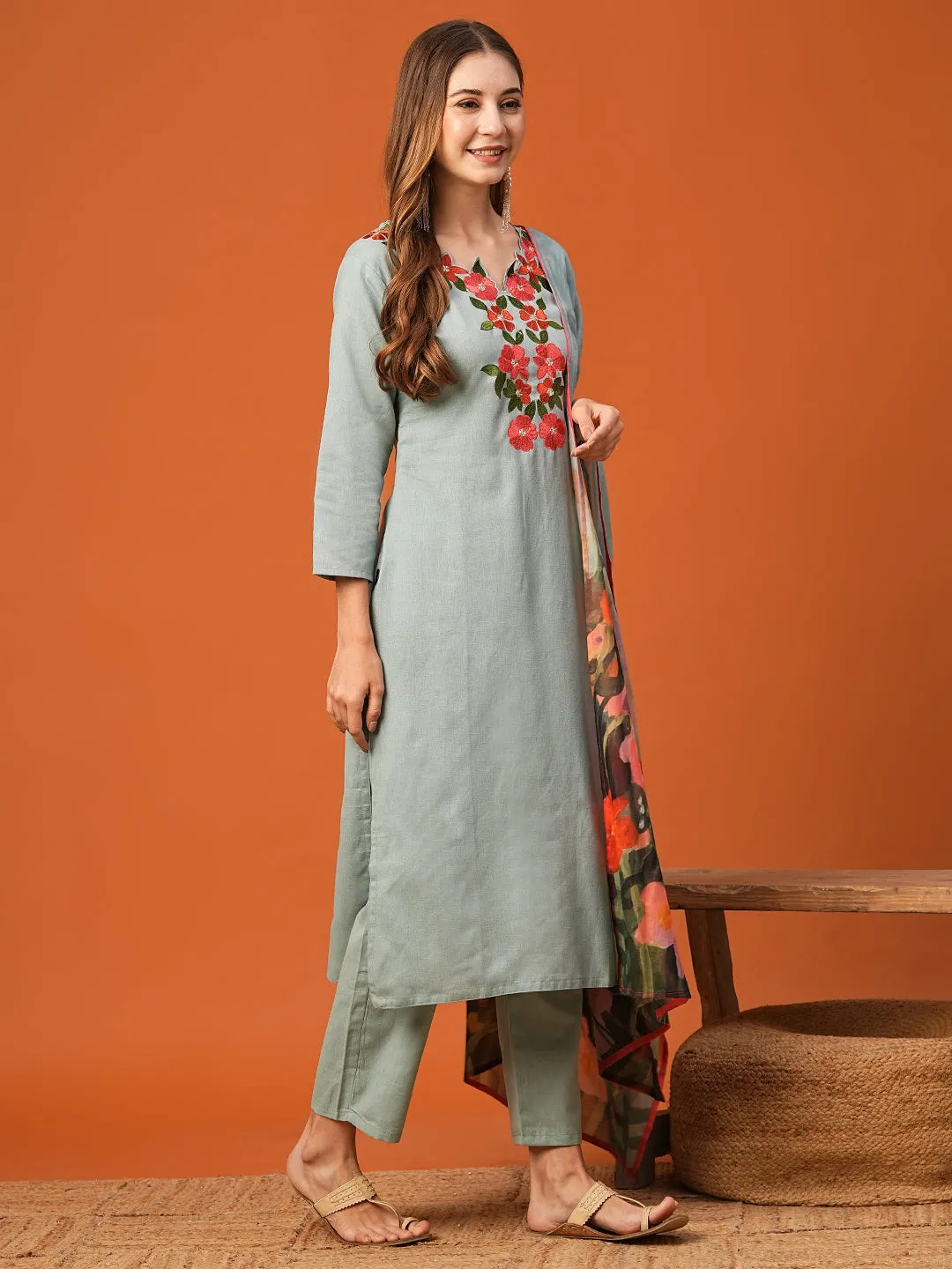 Cutwork Floral Embroidered Kurta with Pant & Pure Cotton Floral Dupatta - Powder Blue