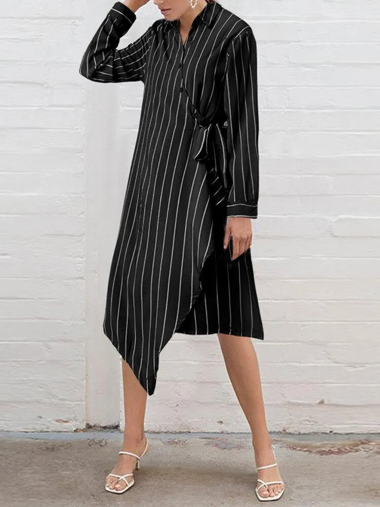 deanwangkt Women Striped Irregular Wrap Tie Side Stylish Long Sleeve Midi Dresses