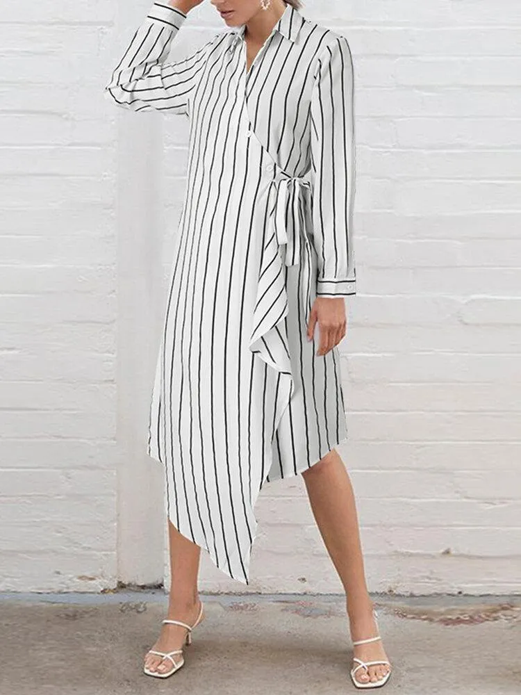 deanwangkt Women Striped Irregular Wrap Tie Side Stylish Long Sleeve Midi Dresses