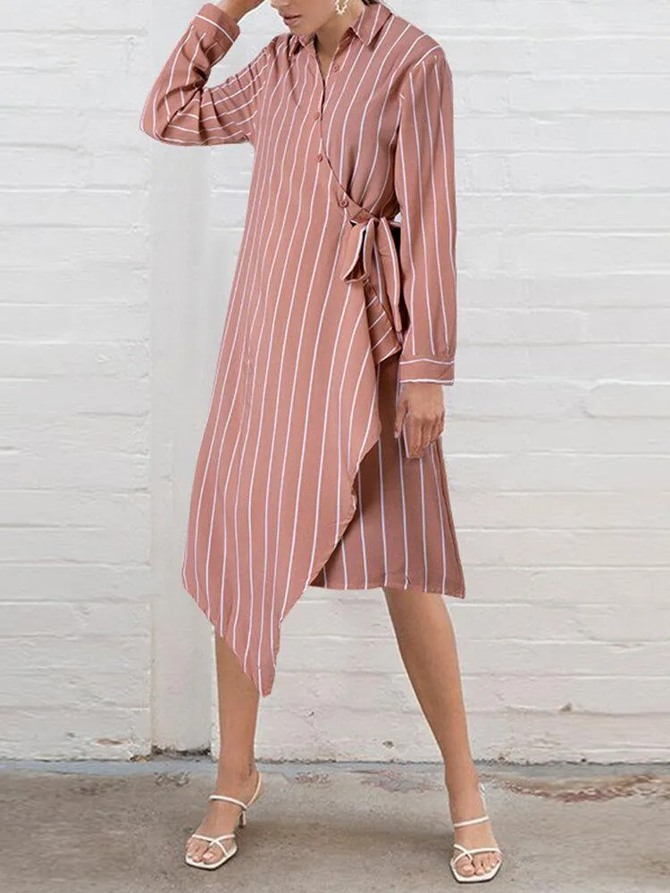 deanwangkt Women Striped Irregular Wrap Tie Side Stylish Long Sleeve Midi Dresses