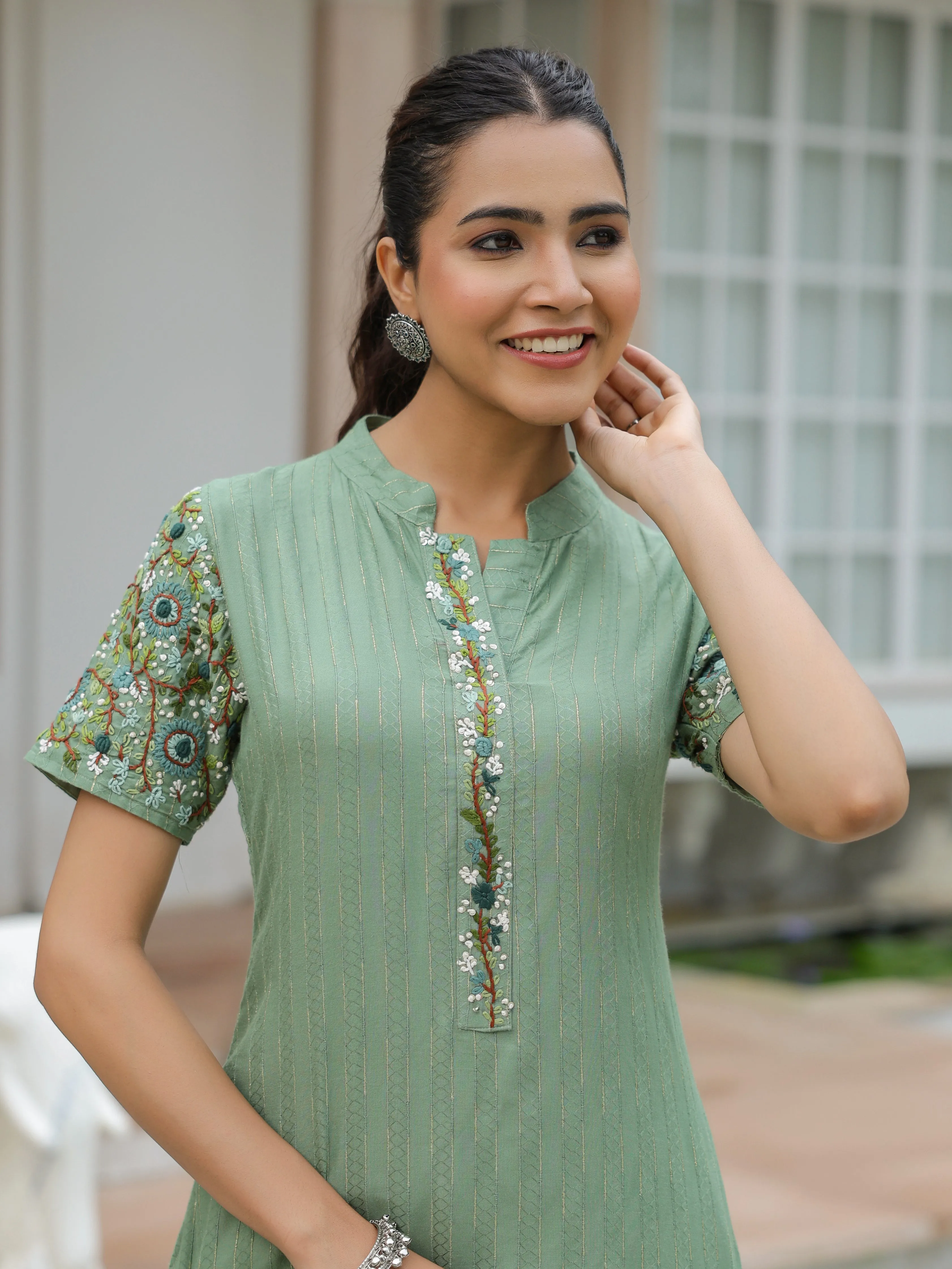 Dobby Striped Resham & Sequins Embroidered Kurta - Green