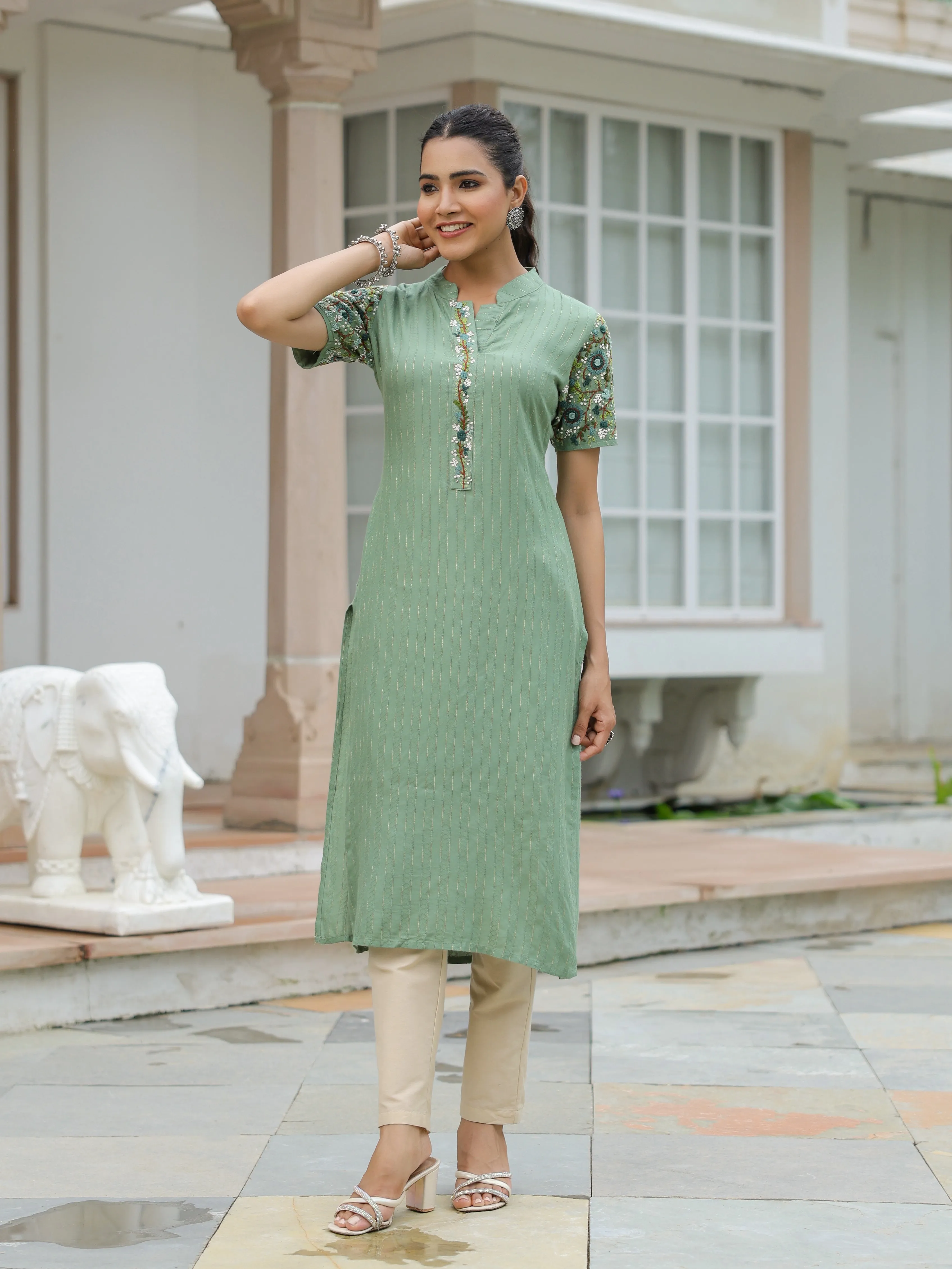 Dobby Striped Resham & Sequins Embroidered Kurta - Green