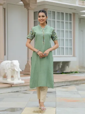 Dobby Striped Resham & Sequins Embroidered Kurta - Green