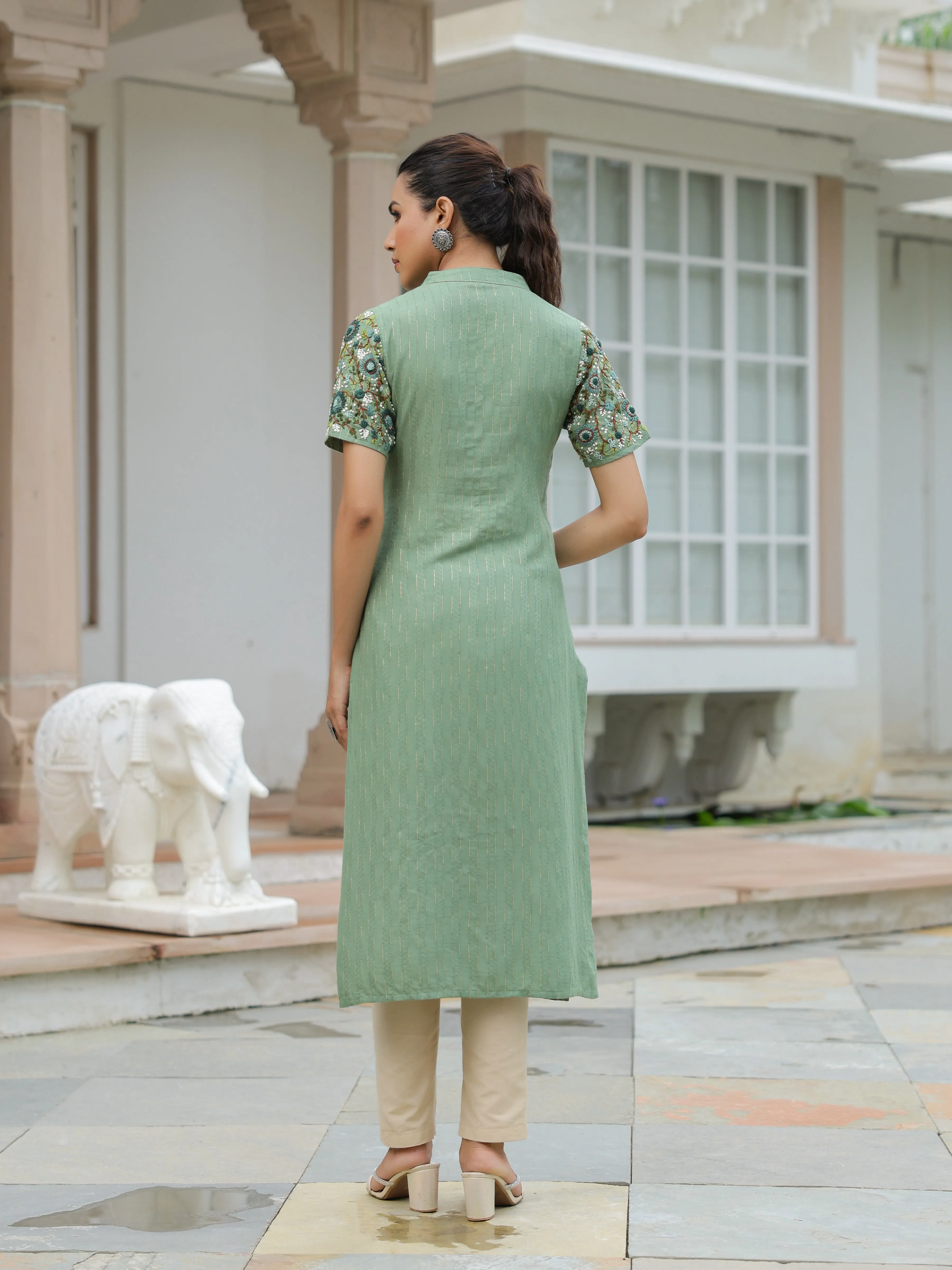 Dobby Striped Resham & Sequins Embroidered Kurta - Green