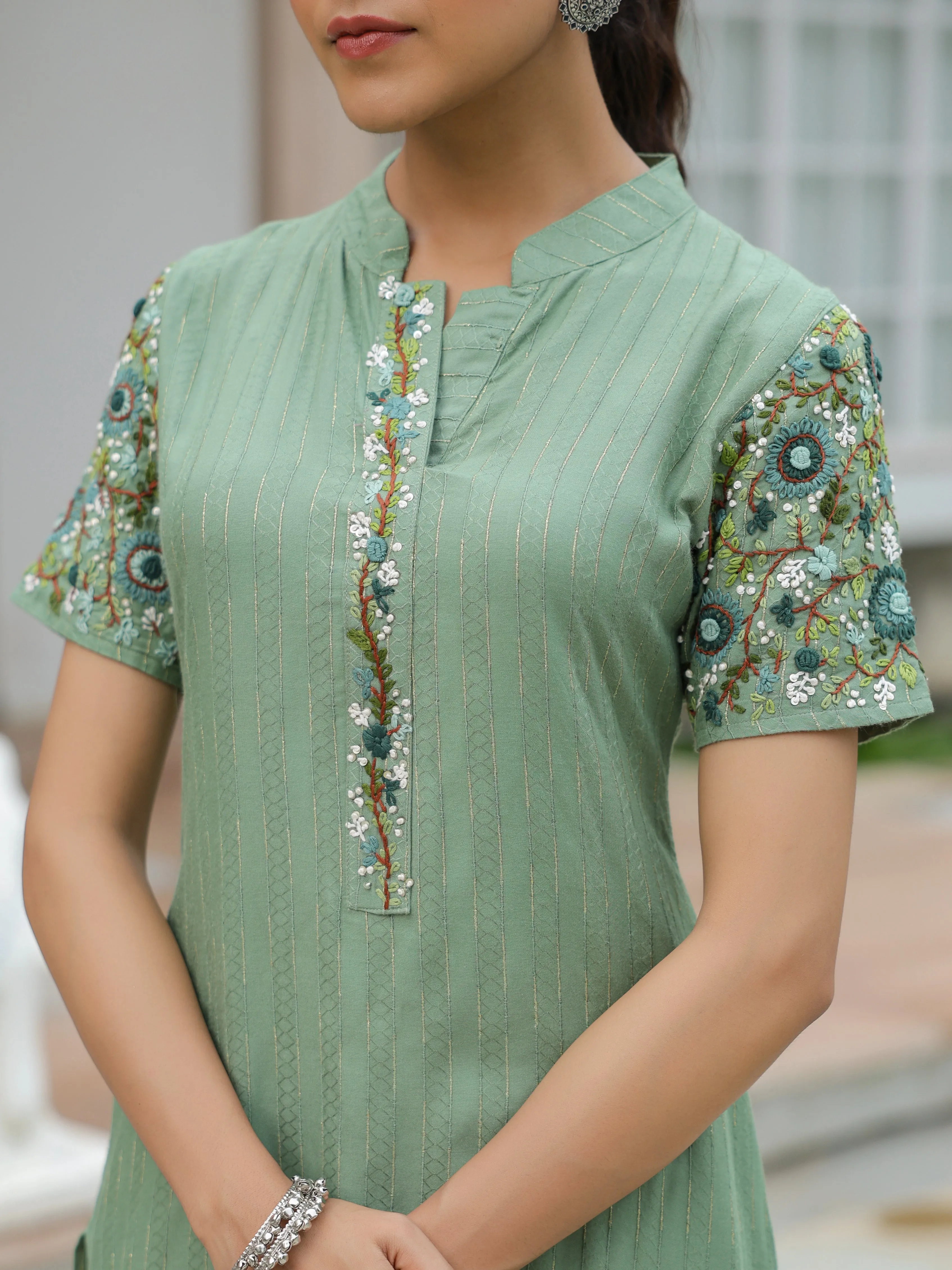 Dobby Striped Resham & Sequins Embroidered Kurta - Green