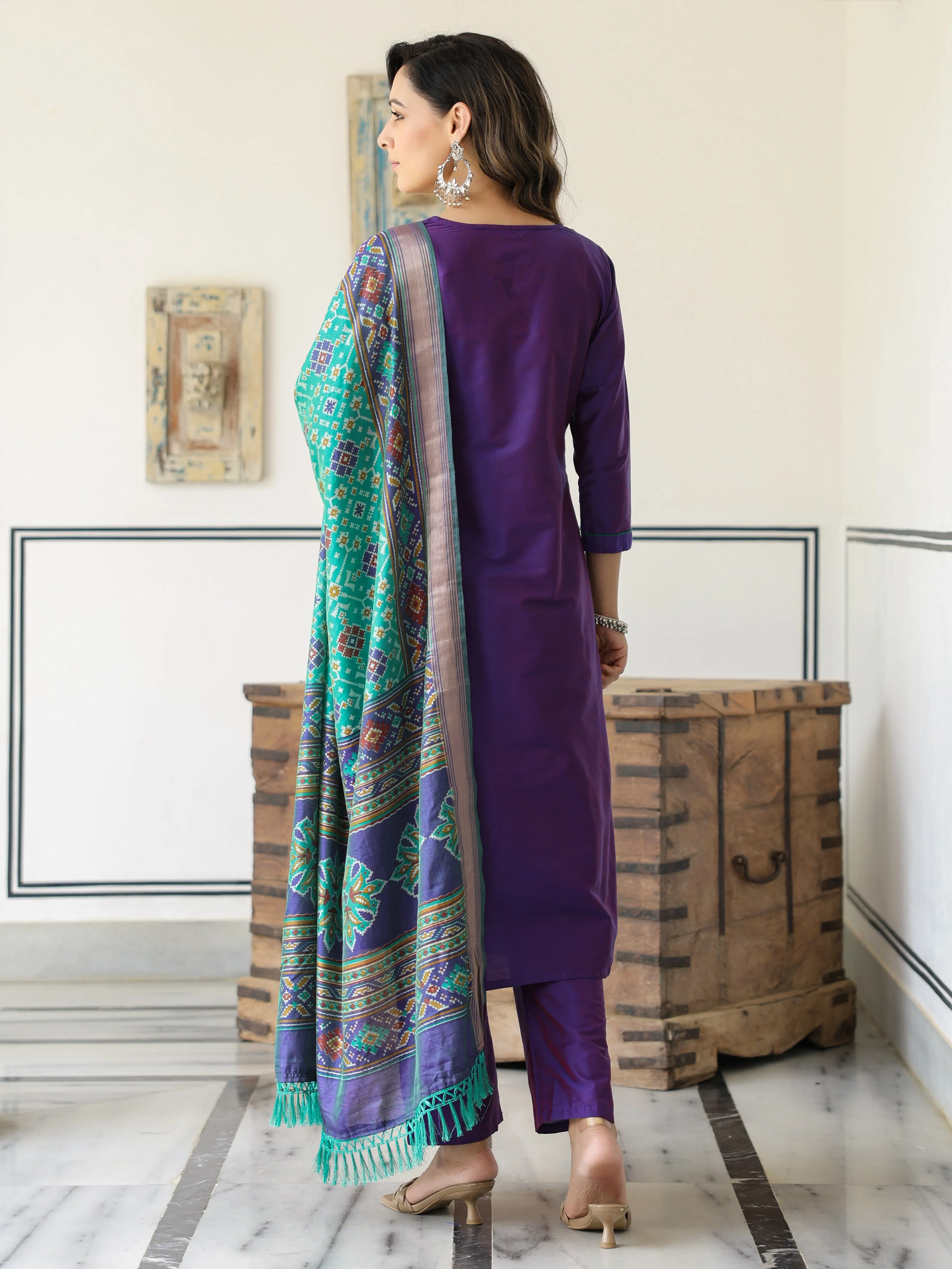 Dual Tone Straight Printed Kurta with Pant & Patola Printed Dupatta - Purple