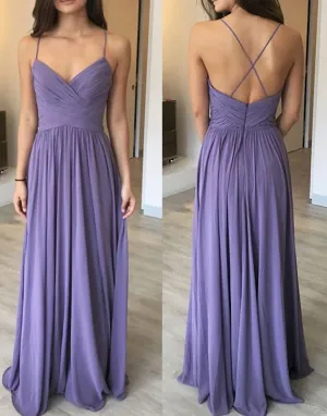 Elegant A Line Spaghetti Straps V Neck Chiffon Long Simple Prom Dresses