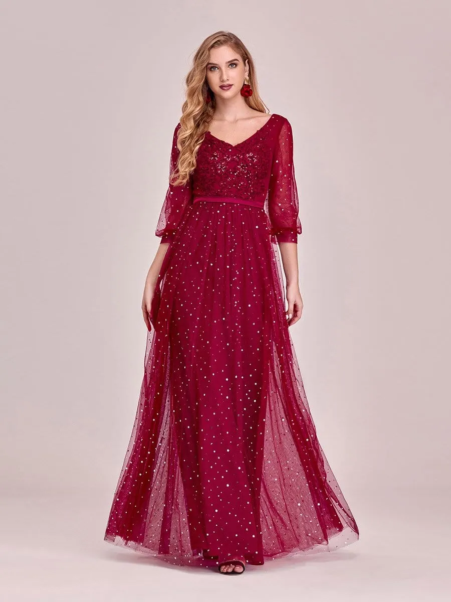 Elegant Maxi V Neck Tulle Evening Dress with Shiny Dot