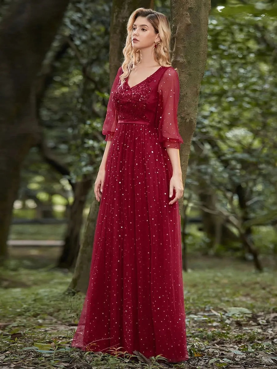 Elegant Maxi V Neck Tulle Evening Dress with Shiny Dot