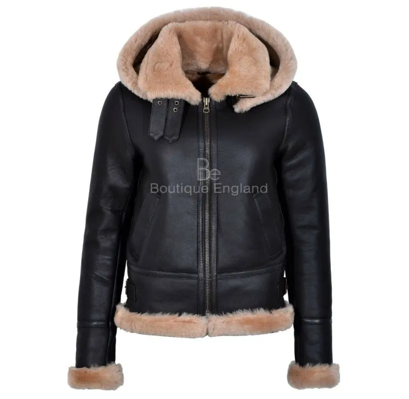 ERIN HOODED SHEEPSKIN JACKET LADIES B3 AVIATOR HOOD SHEARLING FUR JACKET