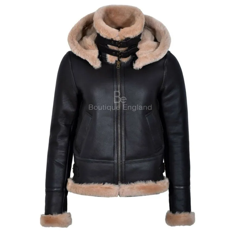 ERIN HOODED SHEEPSKIN JACKET LADIES B3 AVIATOR HOOD SHEARLING FUR JACKET