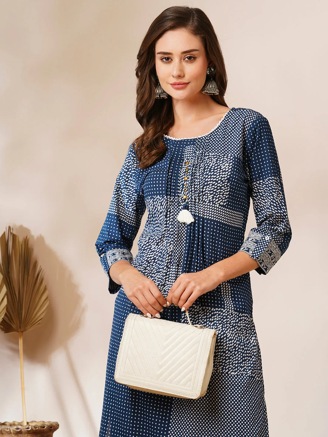 Ethnic Abstract Dot Printed Straight Fit Kurta with Pant - Blue