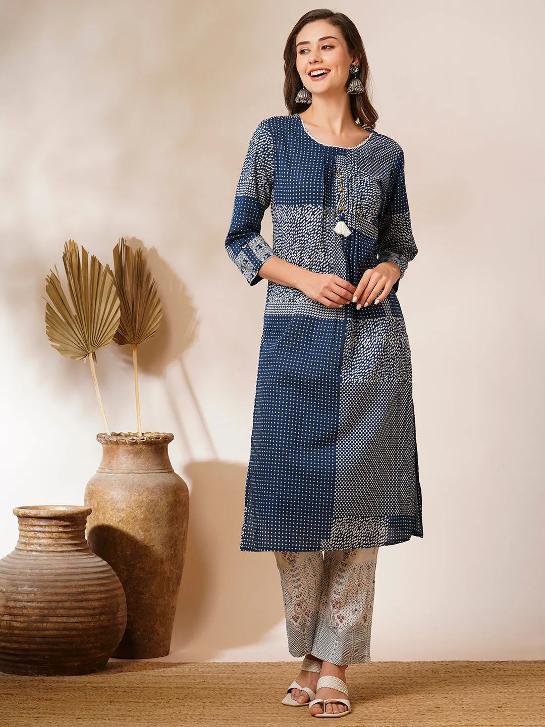 Ethnic Abstract Dot Printed Straight Fit Kurta with Pant - Blue