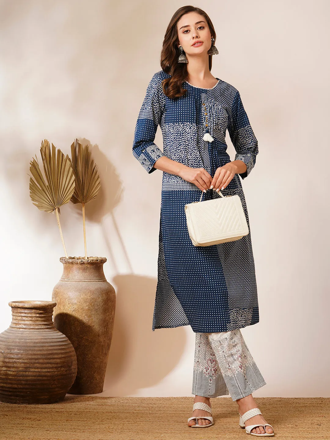 Ethnic Abstract Dot Printed Straight Fit Kurta with Pant - Blue