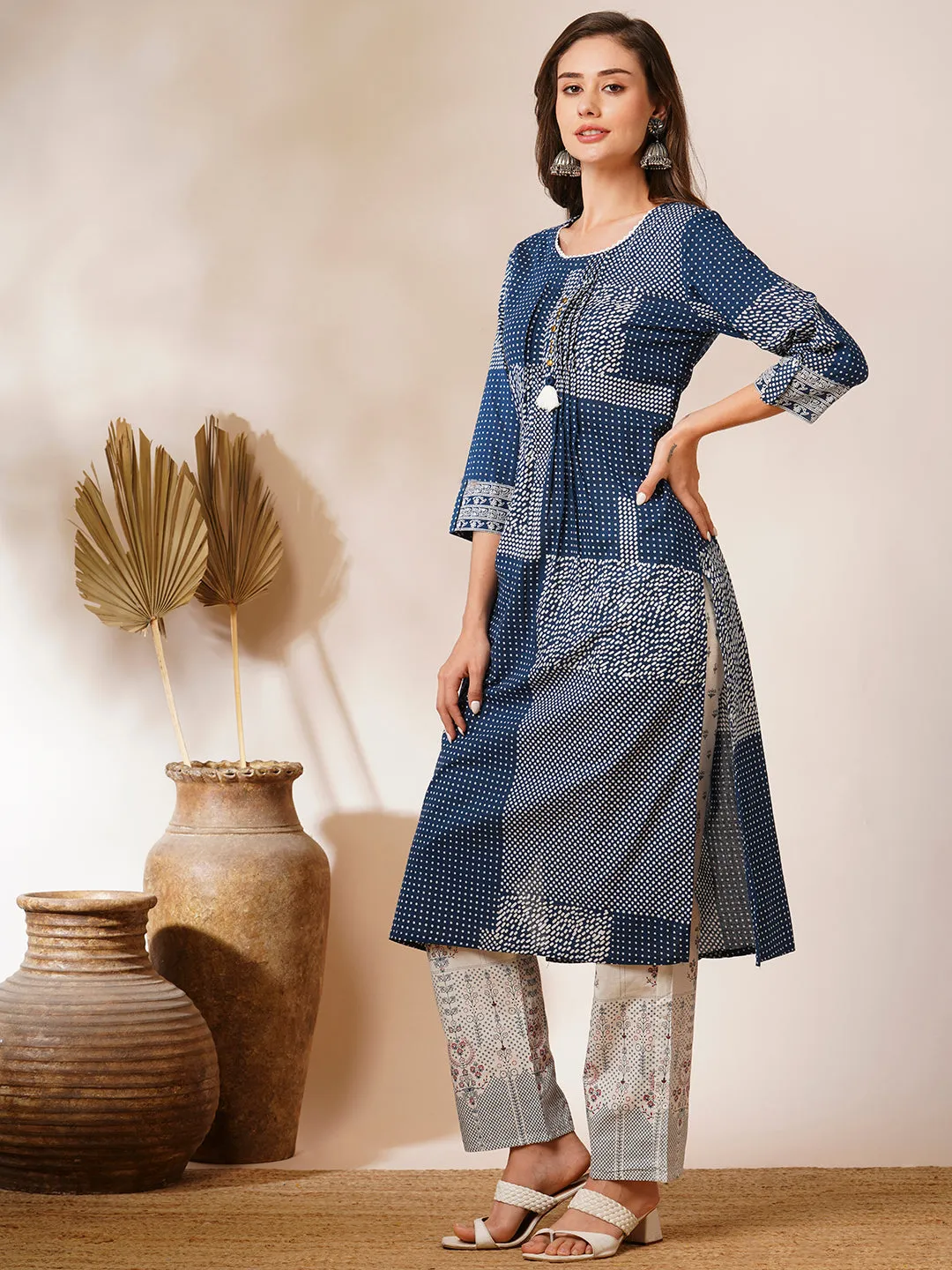 Ethnic Abstract Dot Printed Straight Fit Kurta with Pant - Blue