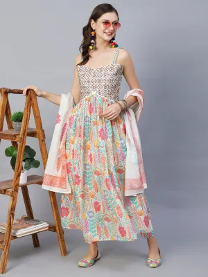 Ethnic & Floral Printed & Embroidered Pleated A-Line Kurta with Pant & Dupatta - Multi