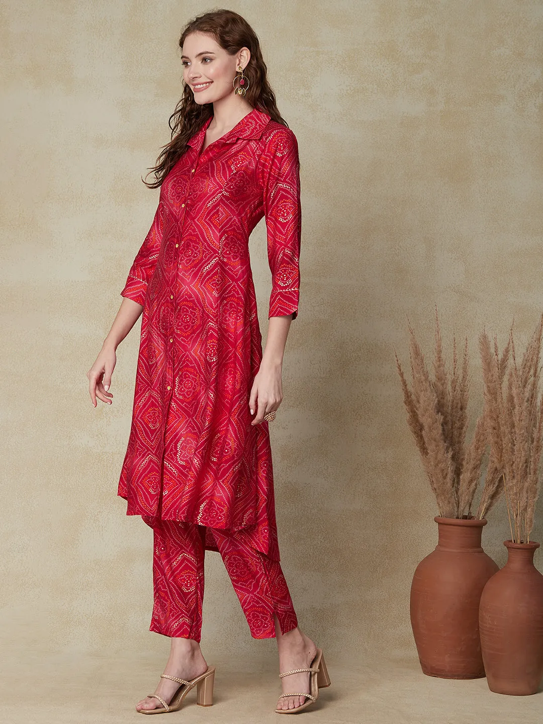 Ethnic Bandhani Printed A-line Asymmetric Hem Kurta with Pants - Magenta