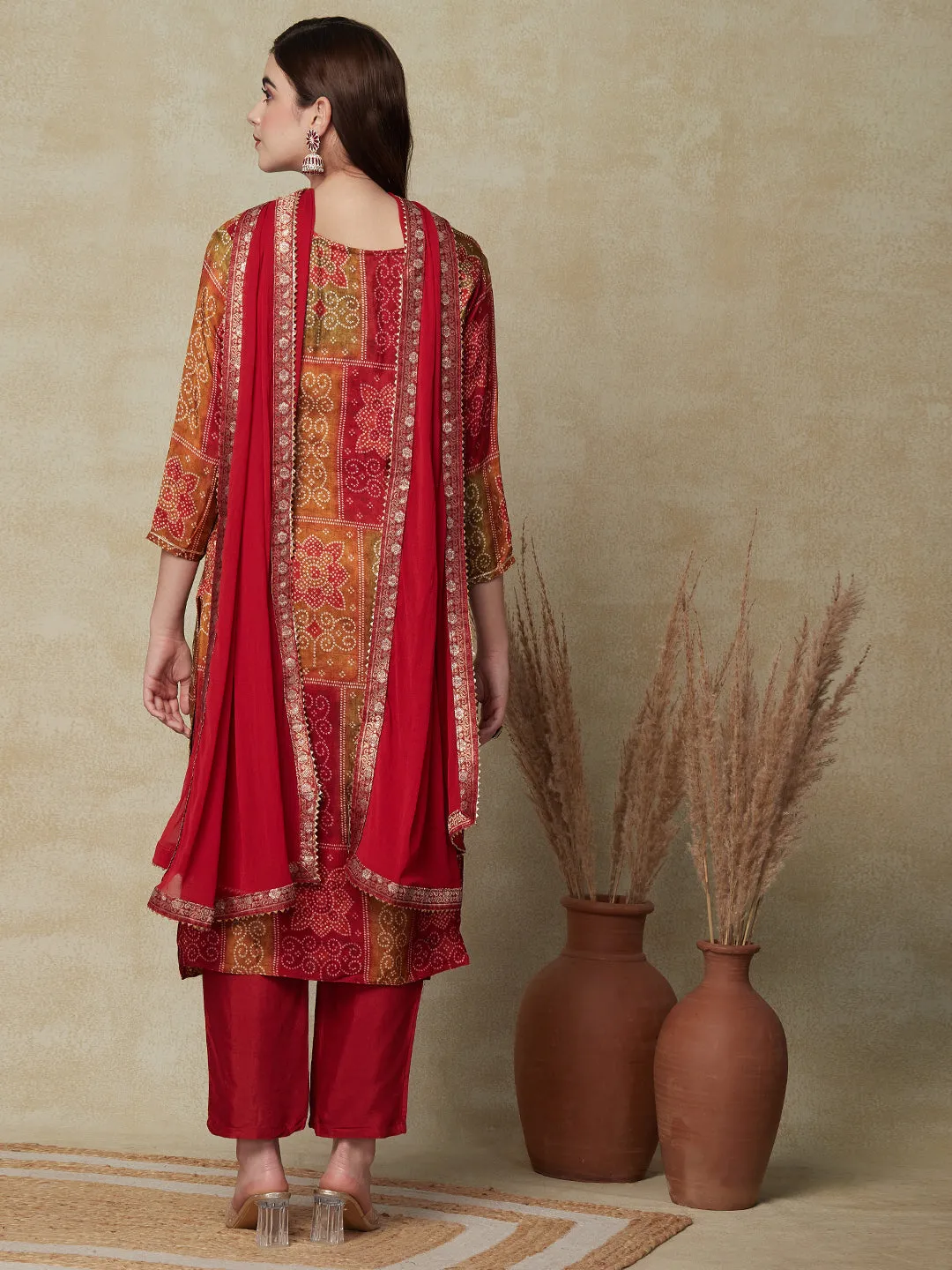 Ethnic Bandhani Printed & Embroidered Kurta with Pant & Dupatta - Maroon