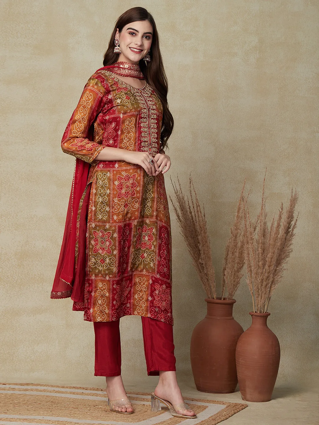 Ethnic Bandhani Printed & Embroidered Kurta with Pant & Dupatta - Maroon