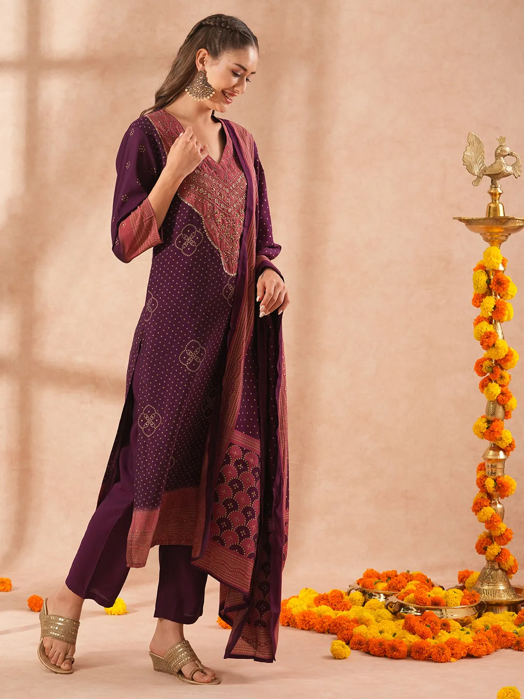 Ethnic Bandhani Printed & Hand Embroidered Straight Fit Kurta with Pant and Dupatta - Deep Purple