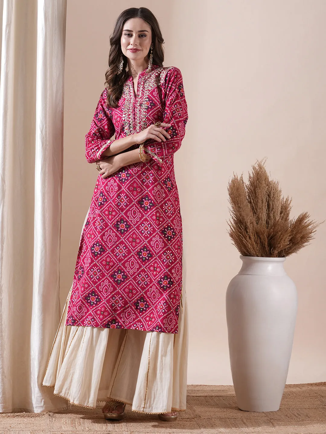 Ethnic Bandhani Printed Mirror & Zari Embroidered Kurta - Pink