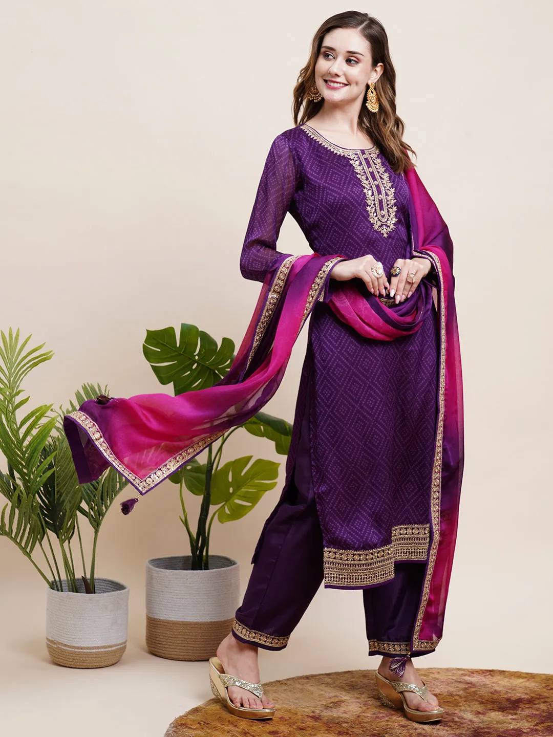 Ethnic Bandhani Printed Zari Dori & Sequins Embroidered Kurta with Pants & Shaded Embroidered Dupatta - Purple