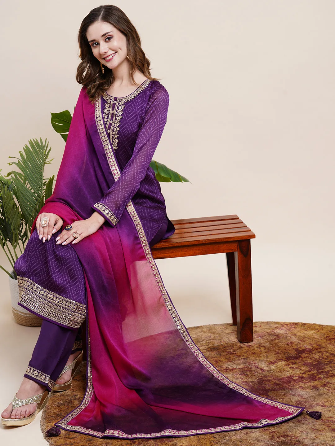 Ethnic Bandhani Printed Zari Dori & Sequins Embroidered Kurta with Pants & Shaded Embroidered Dupatta - Purple