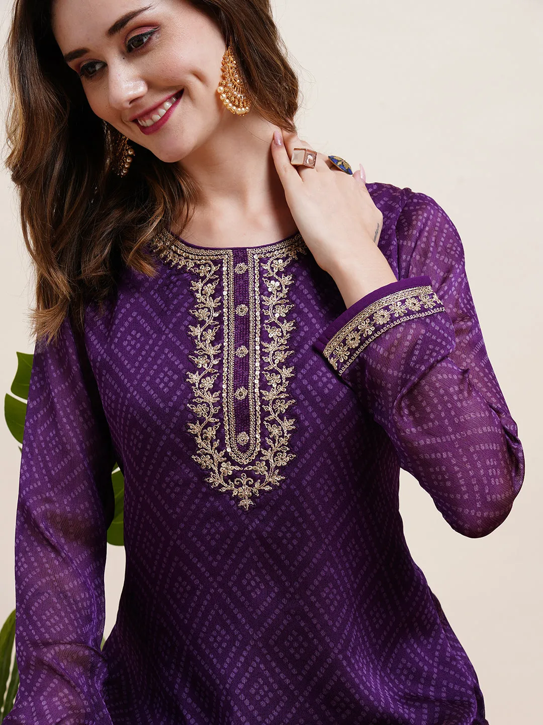 Ethnic Bandhani Printed Zari Dori & Sequins Embroidered Kurta with Pants & Shaded Embroidered Dupatta - Purple