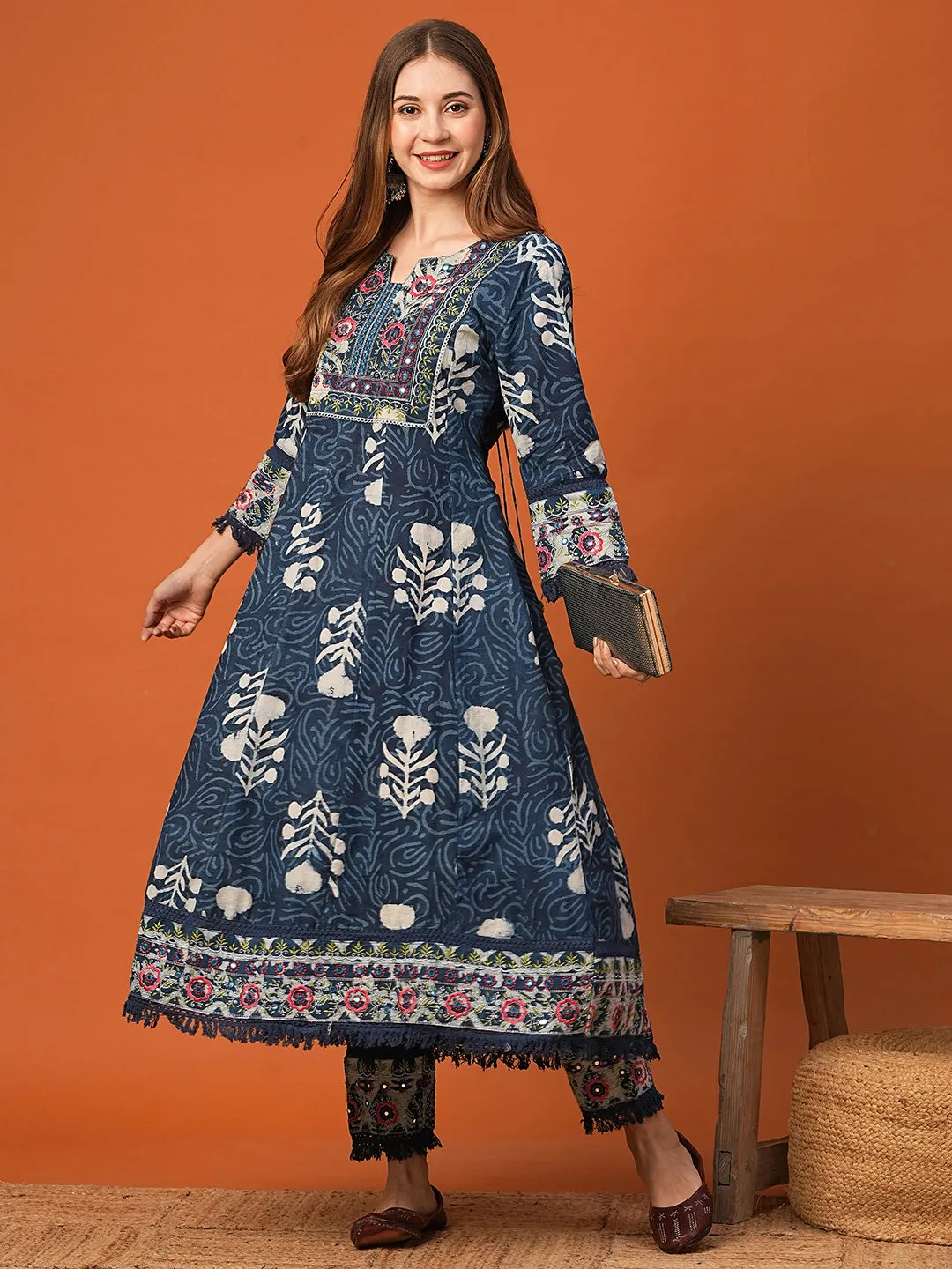 Ethnic Block Printed & Embroidered Anarkali & Kurta with Pant - Indigo