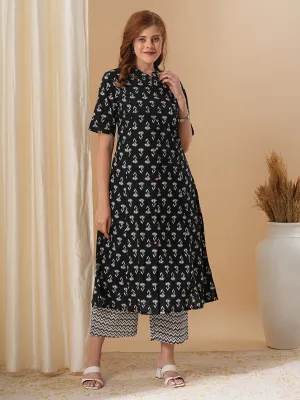 Ethnic Buta Printed A-Line Paneled Kurta with Pant - Black