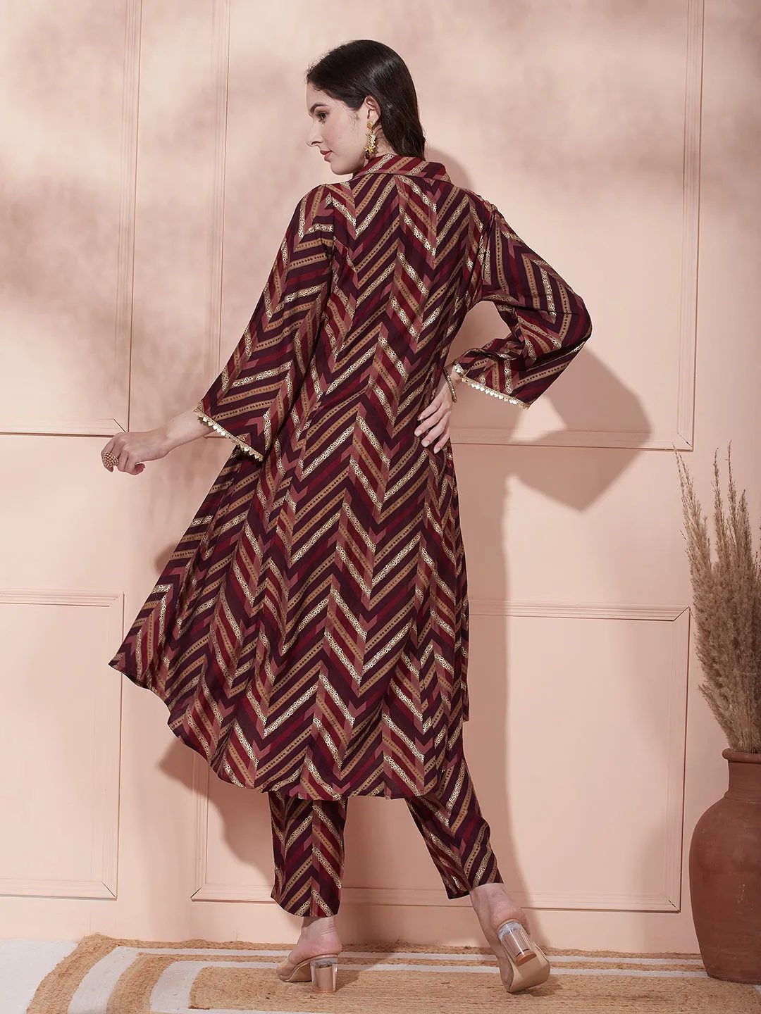 Ethnic Chevron Printed A-Line Paneled Kurta with Pant - Deep Purple