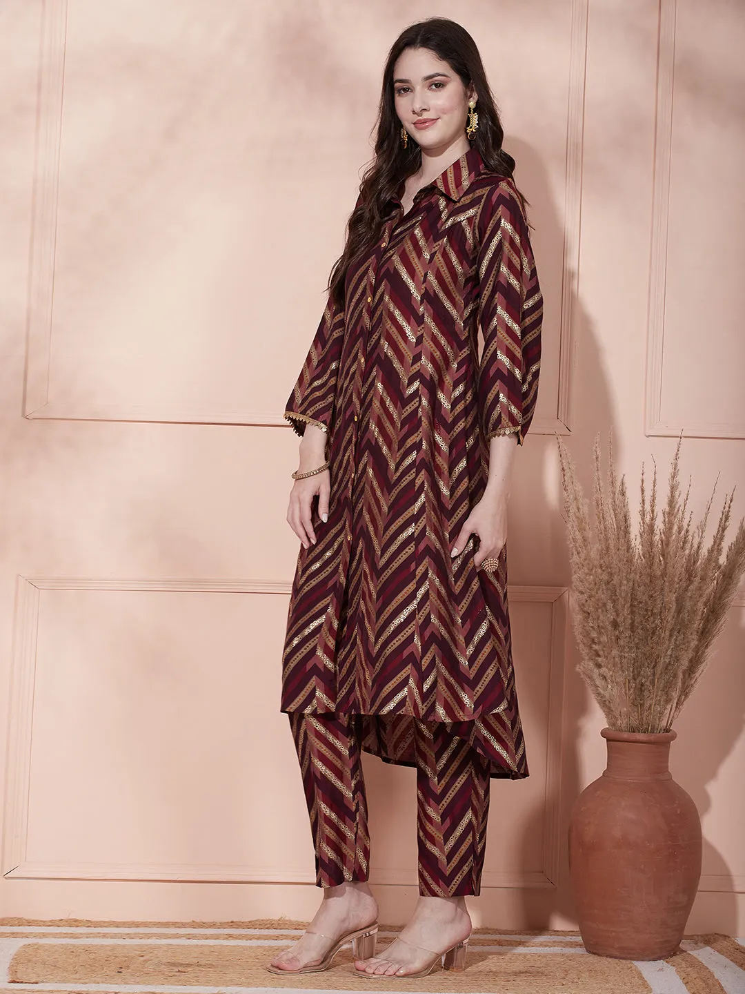 Ethnic Chevron Printed A-Line Paneled Kurta with Pant - Deep Purple